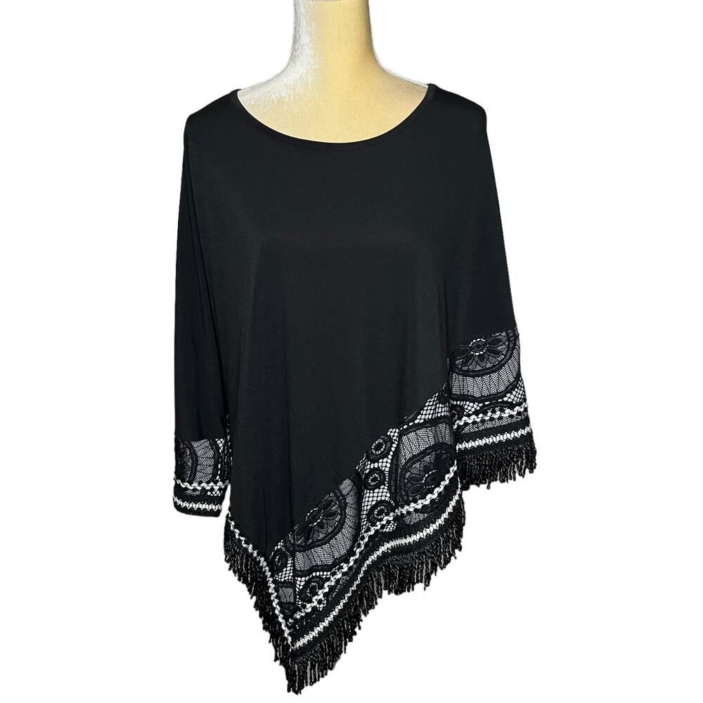 Dor Dor Couture Poncho Top Blouse Black w/ Fringe Asymmetrical Size Large